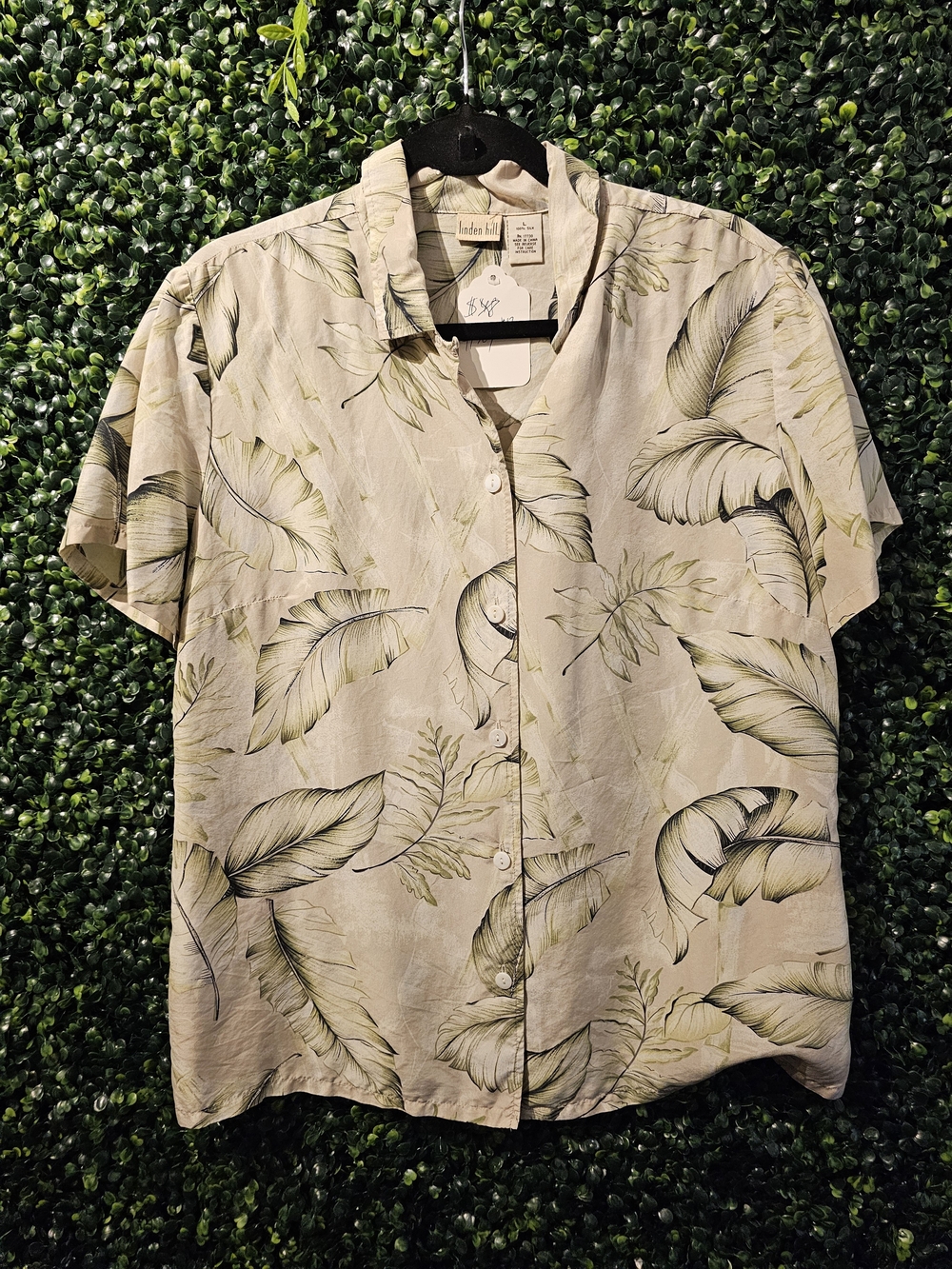 Linden Beige Short Sleeve Camp Collar Shirt with Green Leaf Print